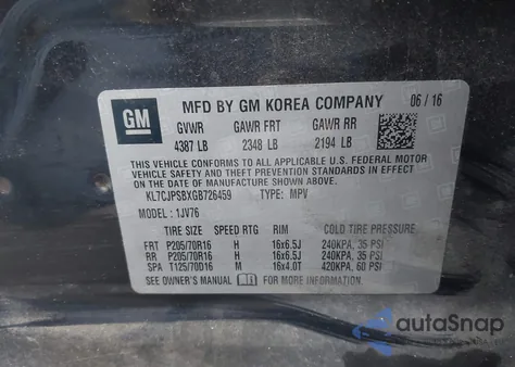 2016 Chevrolet Trax Lt z USA, uszkodzony, nr VIN KL7CJPSBXGB726459